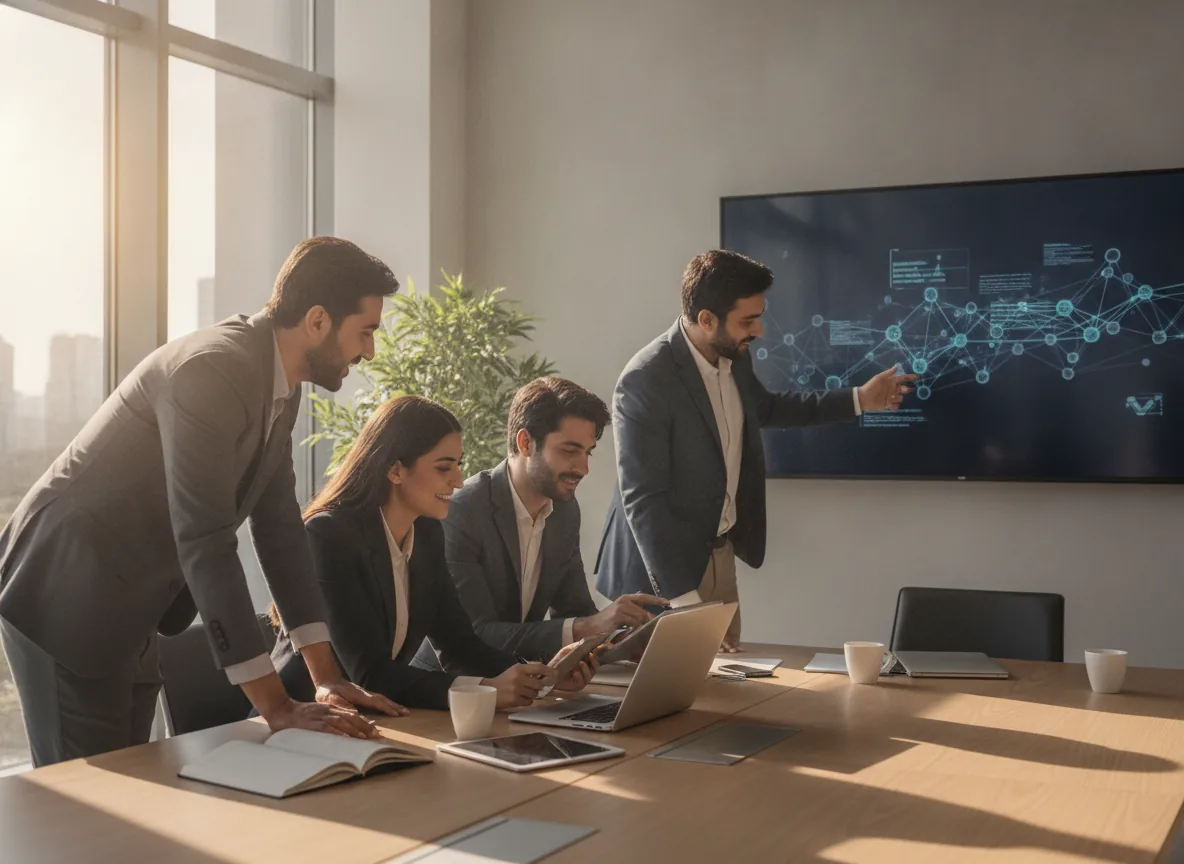 Professional Pakistani business team in a modern office