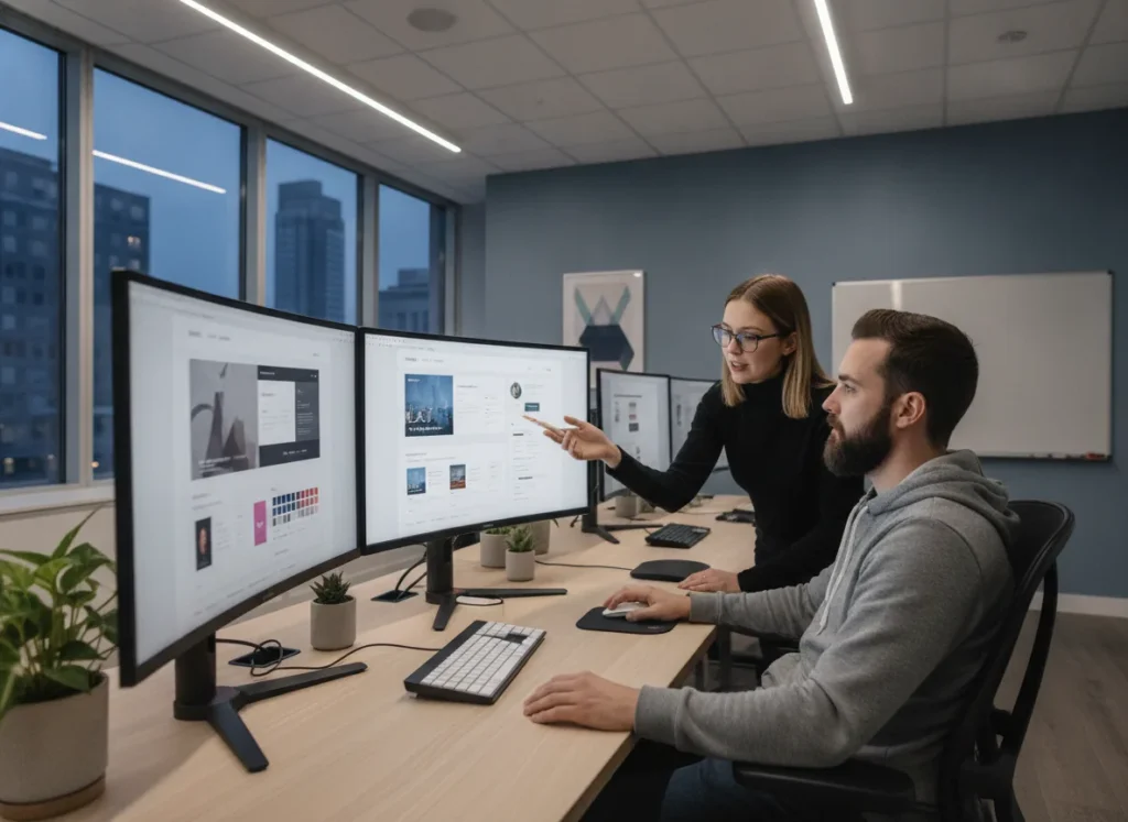 Modern web development workspace with designer and developer