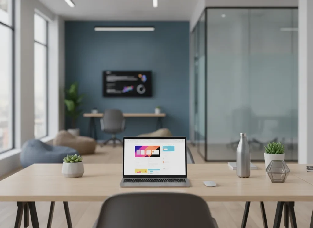 modern digital agency workspace with laptop showing website